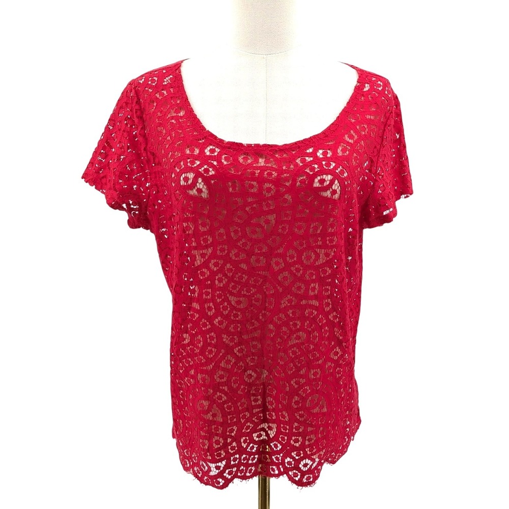 Lace Top Sheer Short Sleeve Floral Crochet Overlay Bright Red Size L